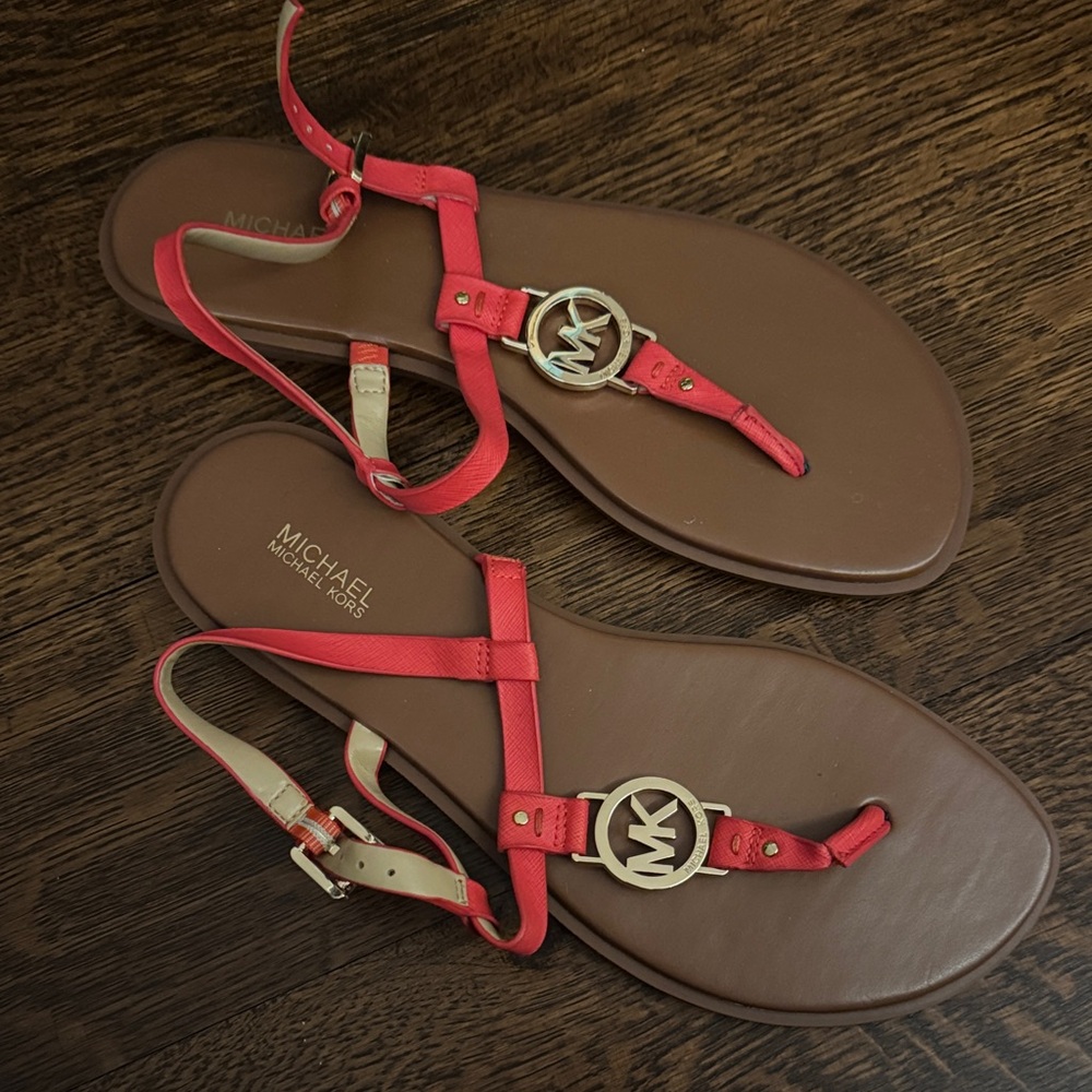 MICHAEL Michael Kors Coral Pink Leather Logo T-Strap Sandals